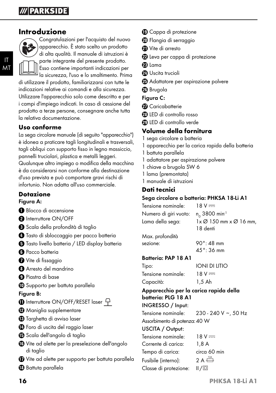 Introduzione | Parkside PHKSA 18-Li A1 User Manual | Page 19 / 72