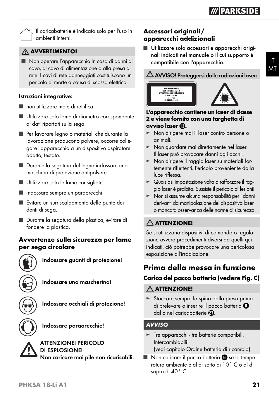 Prima della messa in funzione | Parkside PHKSA 18-Li A1 User Manual | Page 24 / 72