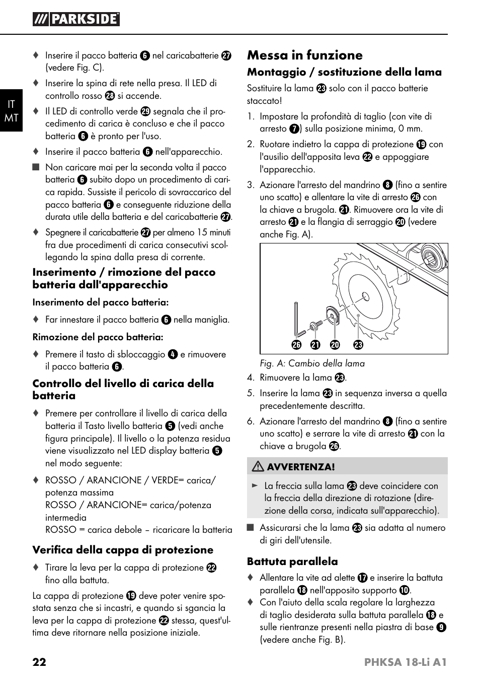 Messa in funzione | Parkside PHKSA 18-Li A1 User Manual | Page 25 / 72