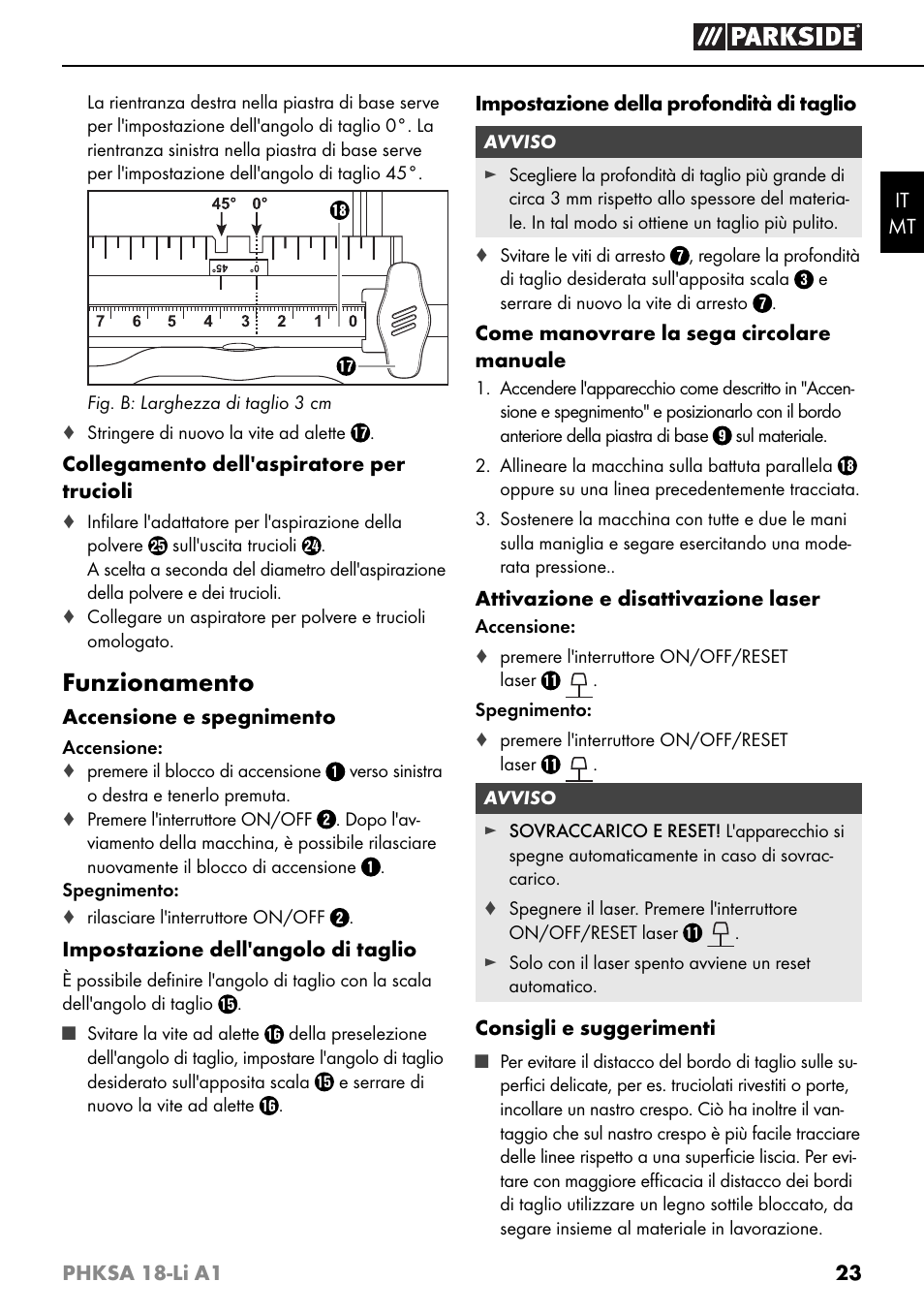 Funzionamento | Parkside PHKSA 18-Li A1 User Manual | Page 26 / 72