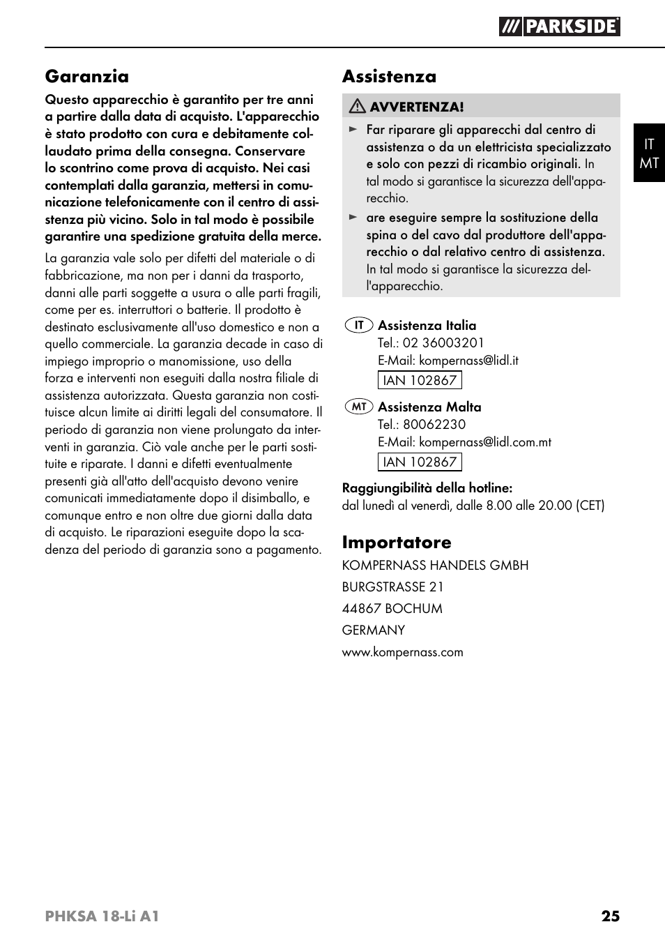 Garanzia, Assistenza, Importatore | Parkside PHKSA 18-Li A1 User Manual | Page 28 / 72