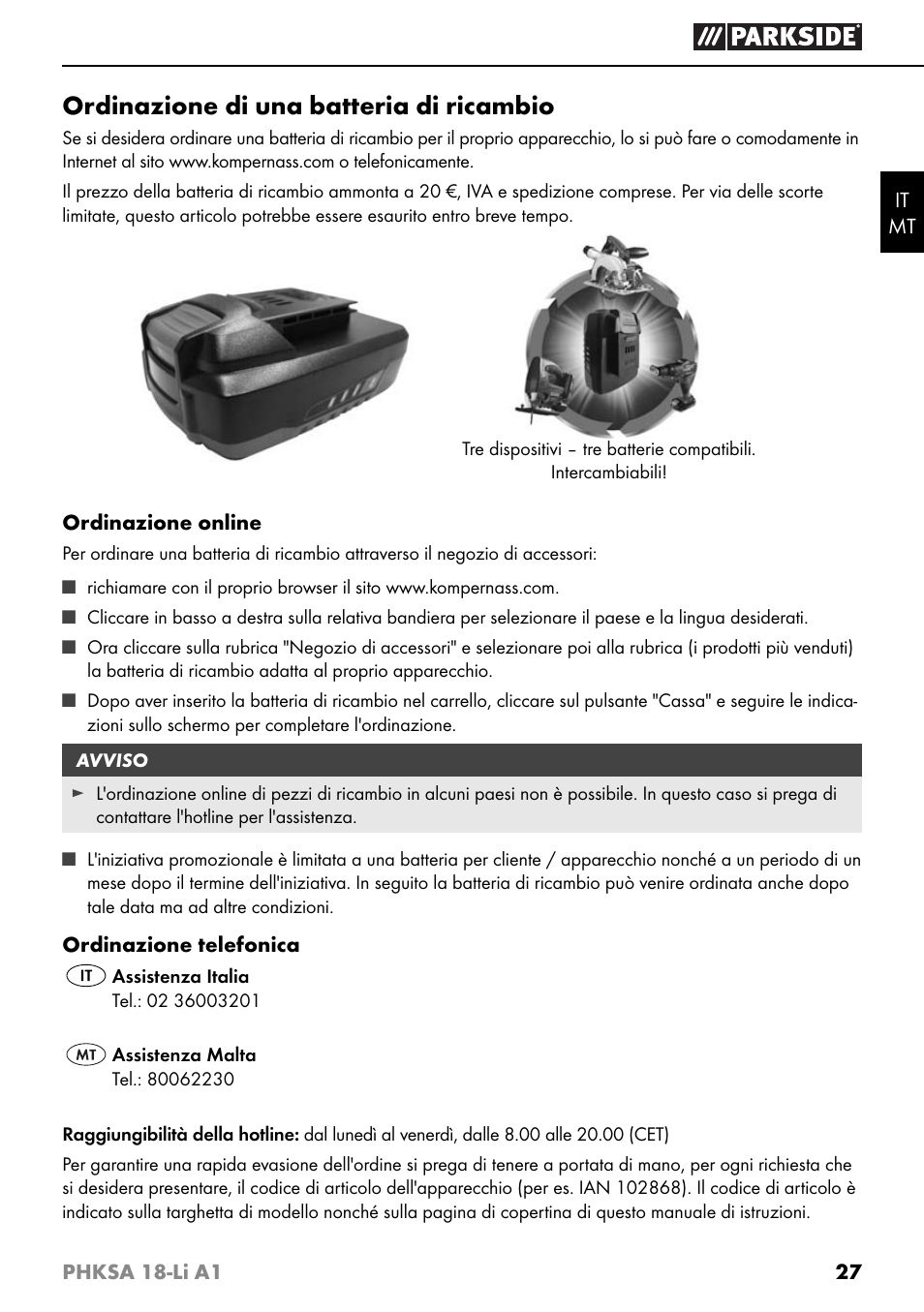 Ordinazione di una batteria di ricambio | Parkside PHKSA 18-Li A1 User Manual | Page 30 / 72
