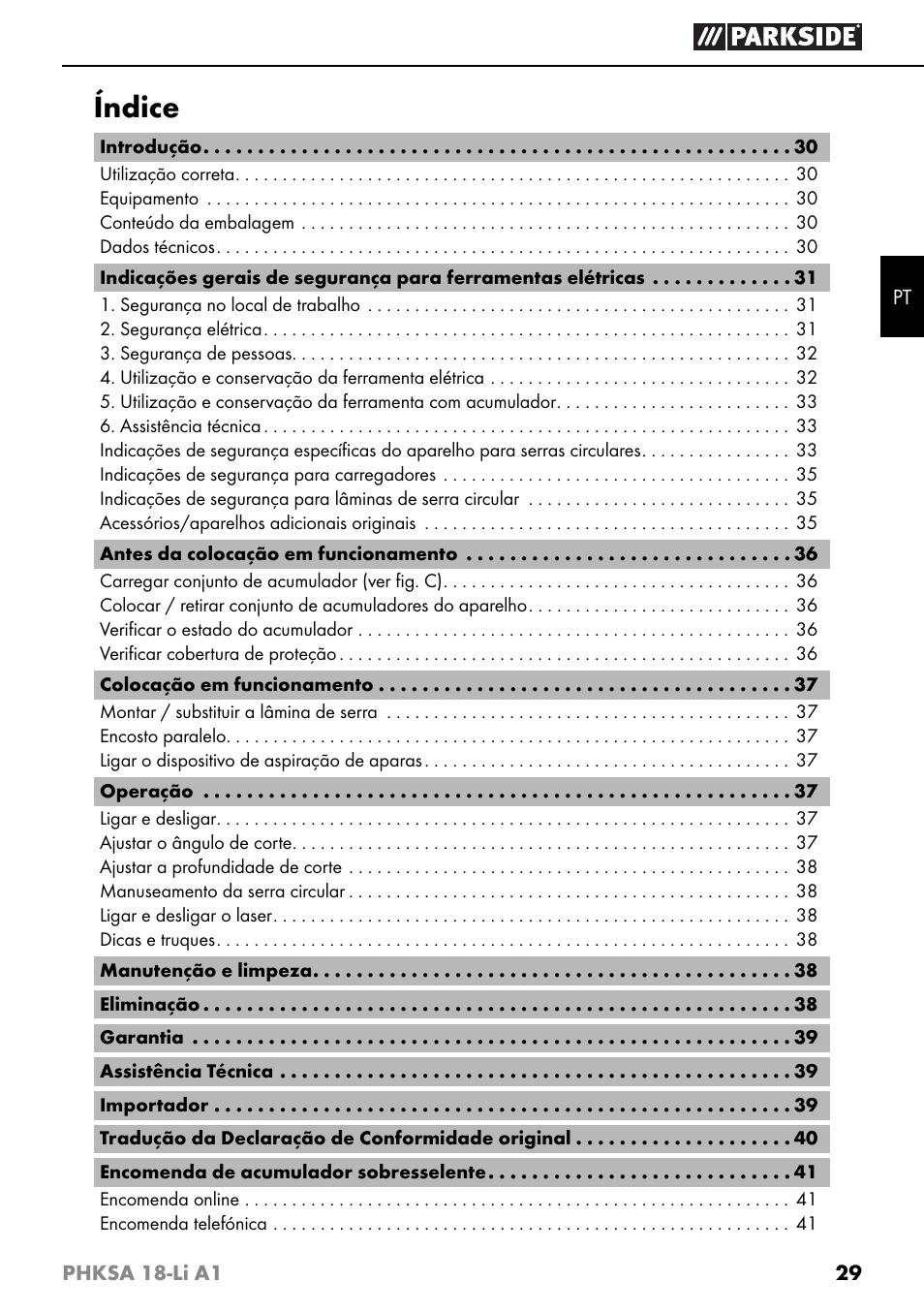 Índice | Parkside PHKSA 18-Li A1 User Manual | Page 32 / 72