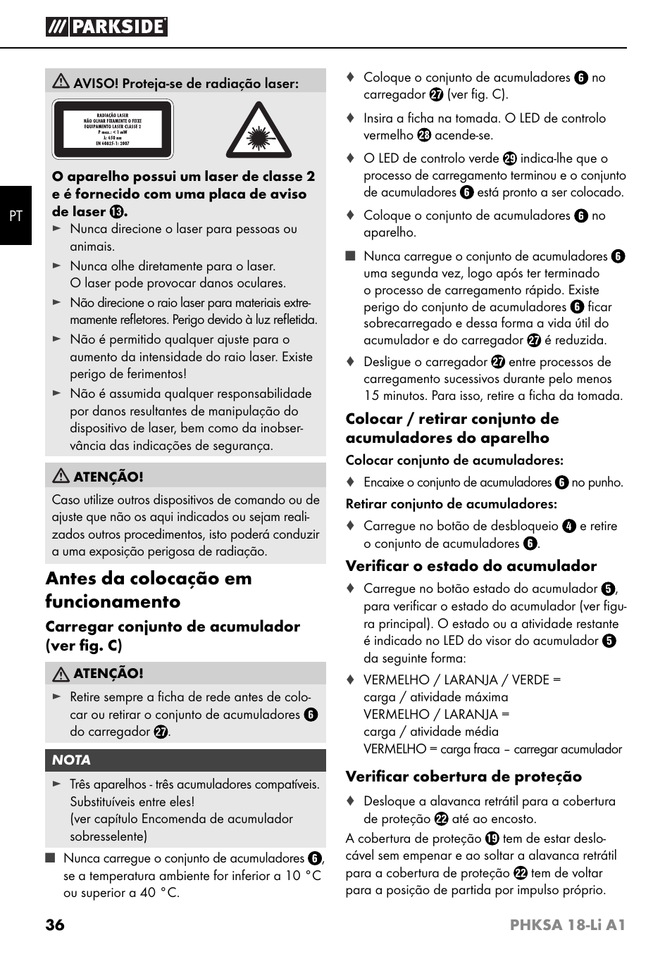 Antes da colocação em funcionamento | Parkside PHKSA 18-Li A1 User Manual | Page 39 / 72