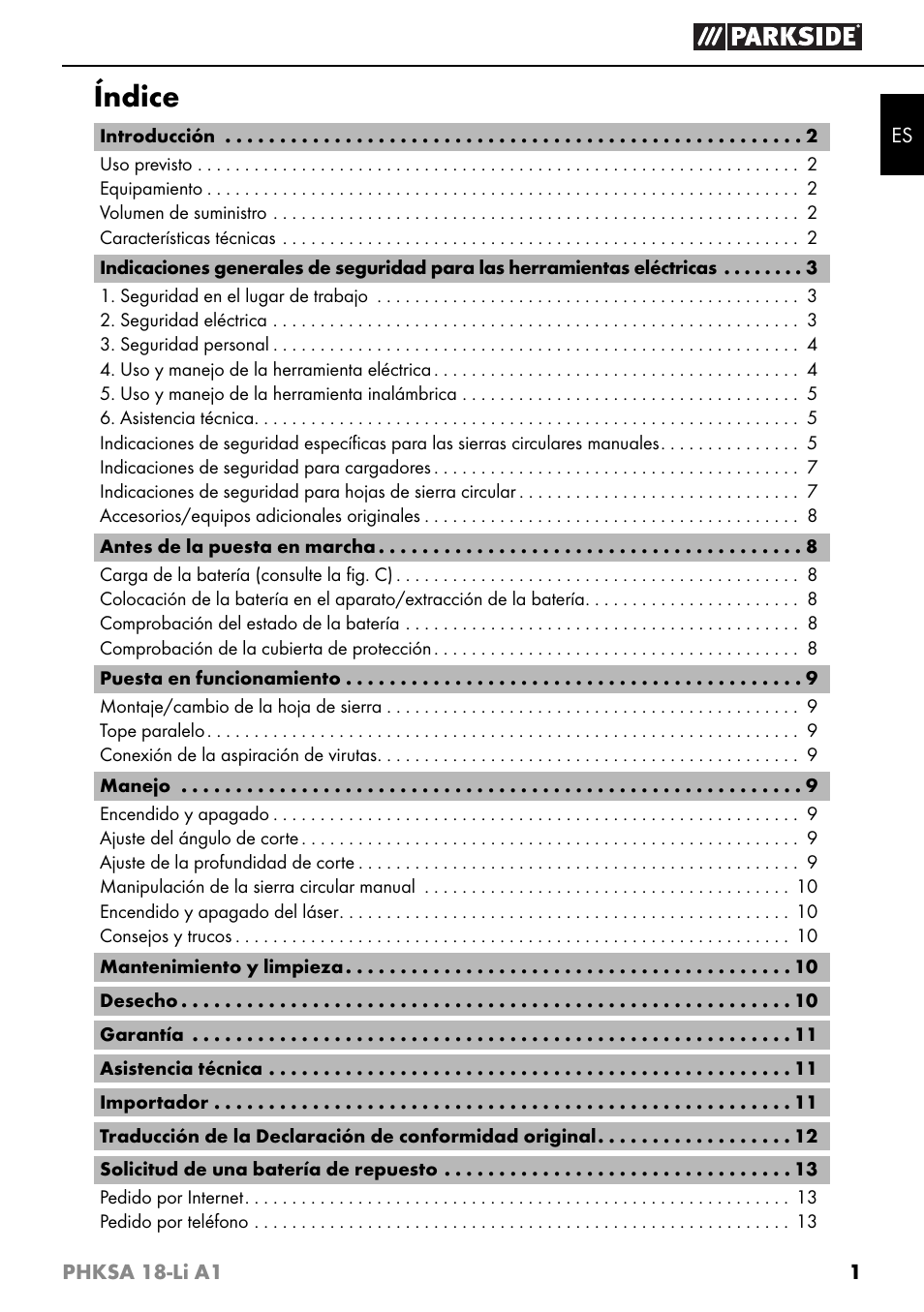 Índice | Parkside PHKSA 18-Li A1 User Manual | Page 4 / 72
