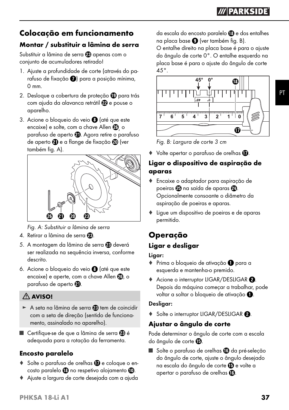 Colocação em funcionamento, Operação | Parkside PHKSA 18-Li A1 User Manual | Page 40 / 72