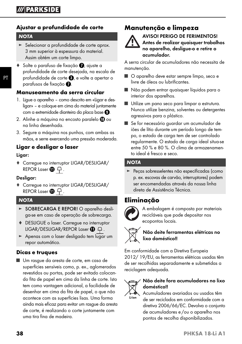 Manutenção e limpeza, Eliminação | Parkside PHKSA 18-Li A1 User Manual | Page 41 / 72