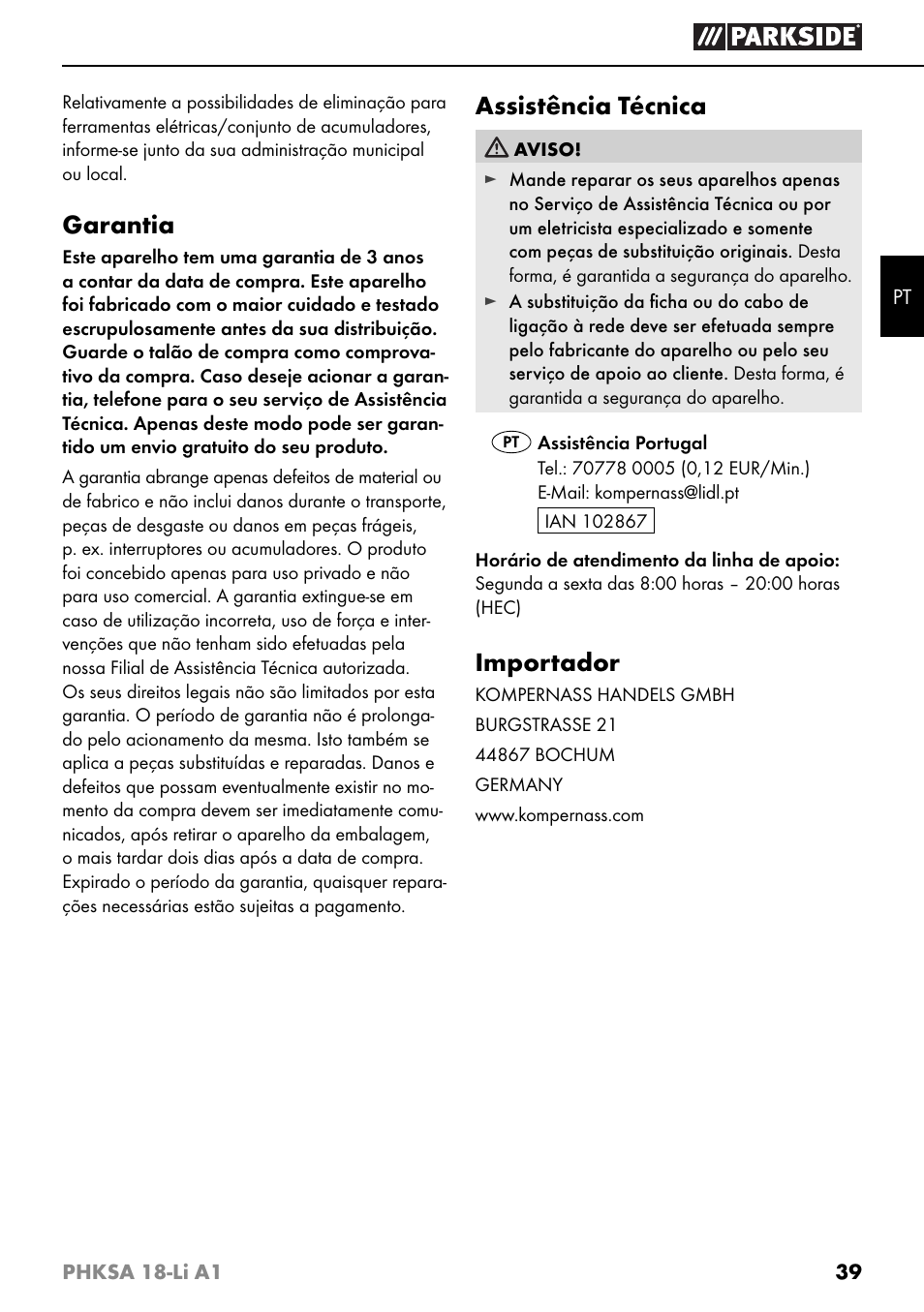 Garantia, Assistência técnica, Importador | Parkside PHKSA 18-Li A1 User Manual | Page 42 / 72