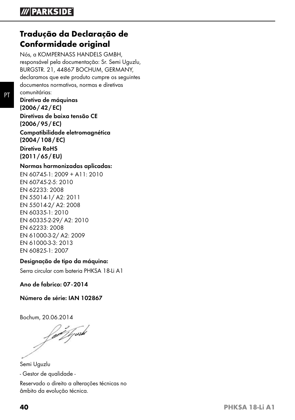 Tradução da declaração de conformidade original | Parkside PHKSA 18-Li A1 User Manual | Page 43 / 72