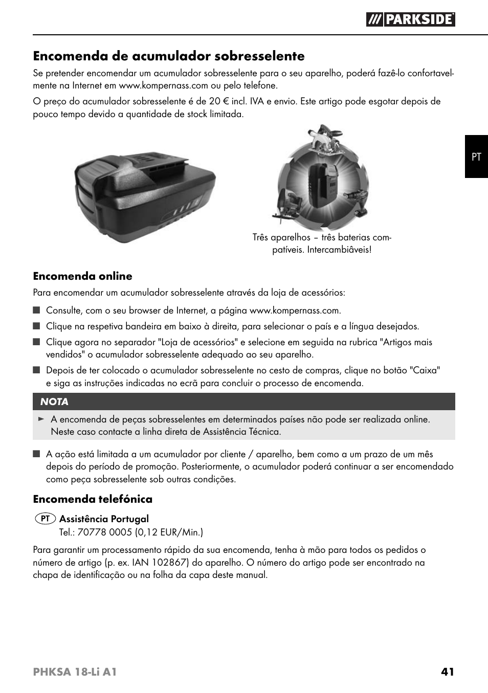 Encomenda de acumulador sobresselente | Parkside PHKSA 18-Li A1 User Manual | Page 44 / 72