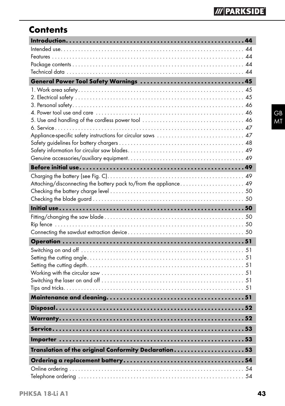 Parkside PHKSA 18-Li A1 User Manual | Page 46 / 72