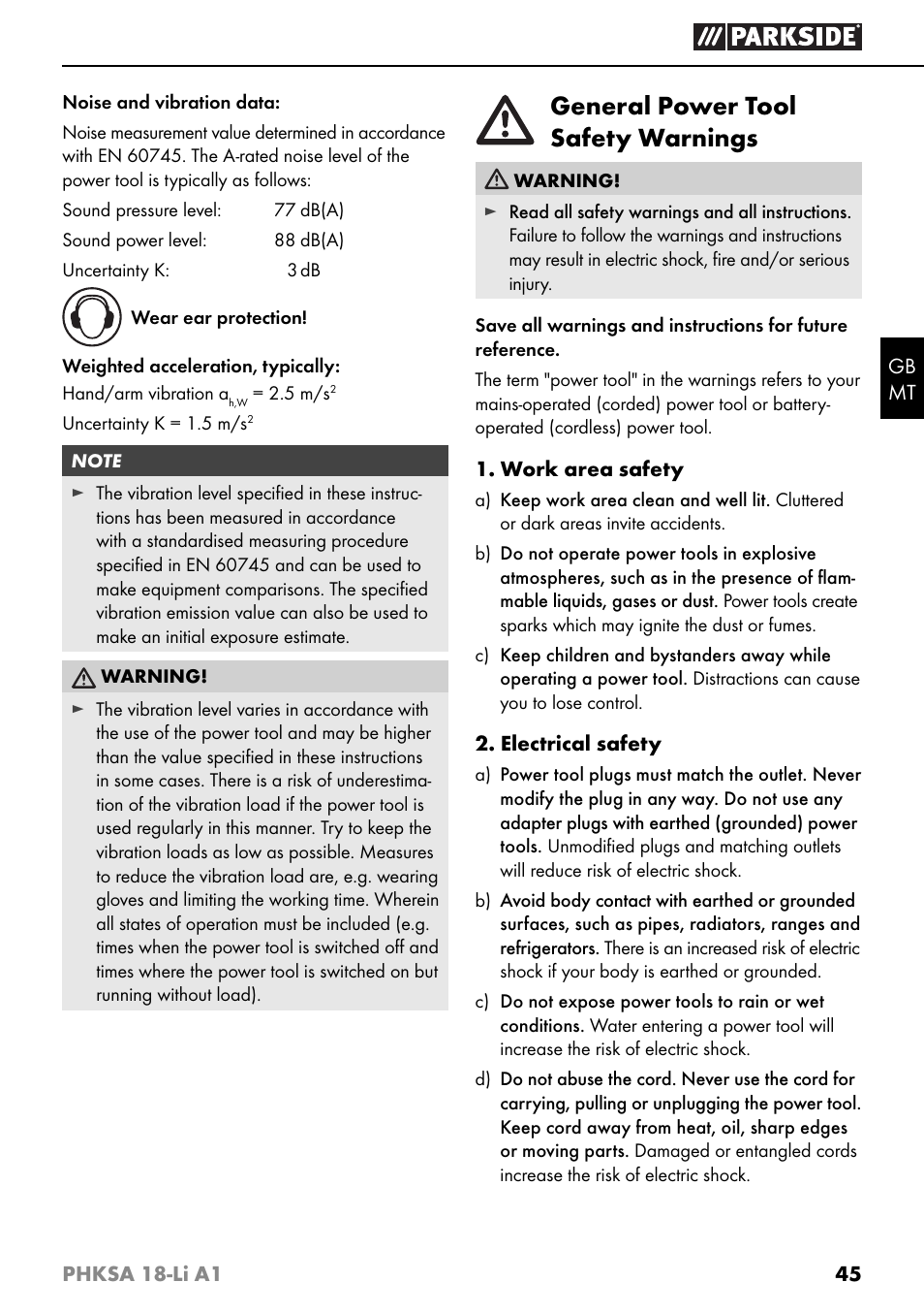 General power tool safety warnings | Parkside PHKSA 18-Li A1 User Manual | Page 48 / 72