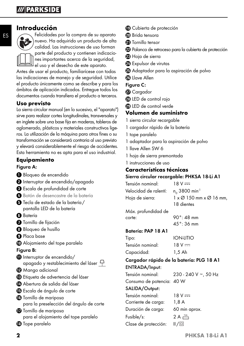 Introducción | Parkside PHKSA 18-Li A1 User Manual | Page 5 / 72