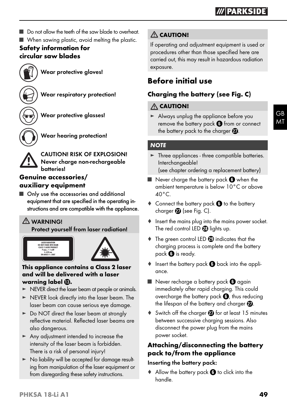 Before initial use | Parkside PHKSA 18-Li A1 User Manual | Page 52 / 72