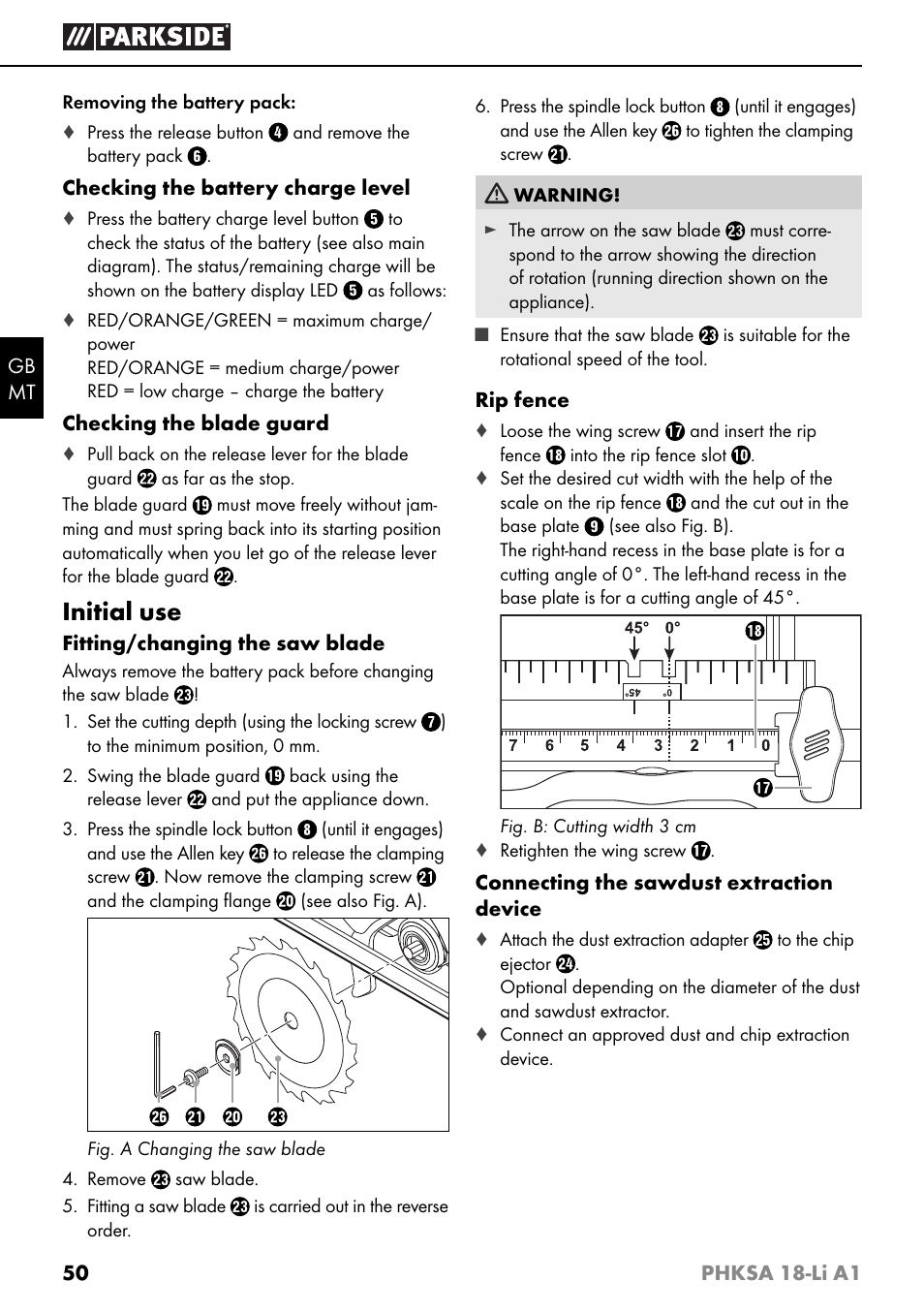 Initial use | Parkside PHKSA 18-Li A1 User Manual | Page 53 / 72