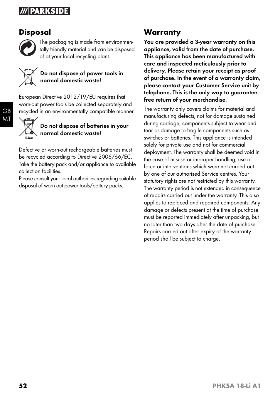 Disposal, Warranty | Parkside PHKSA 18-Li A1 User Manual | Page 55 / 72