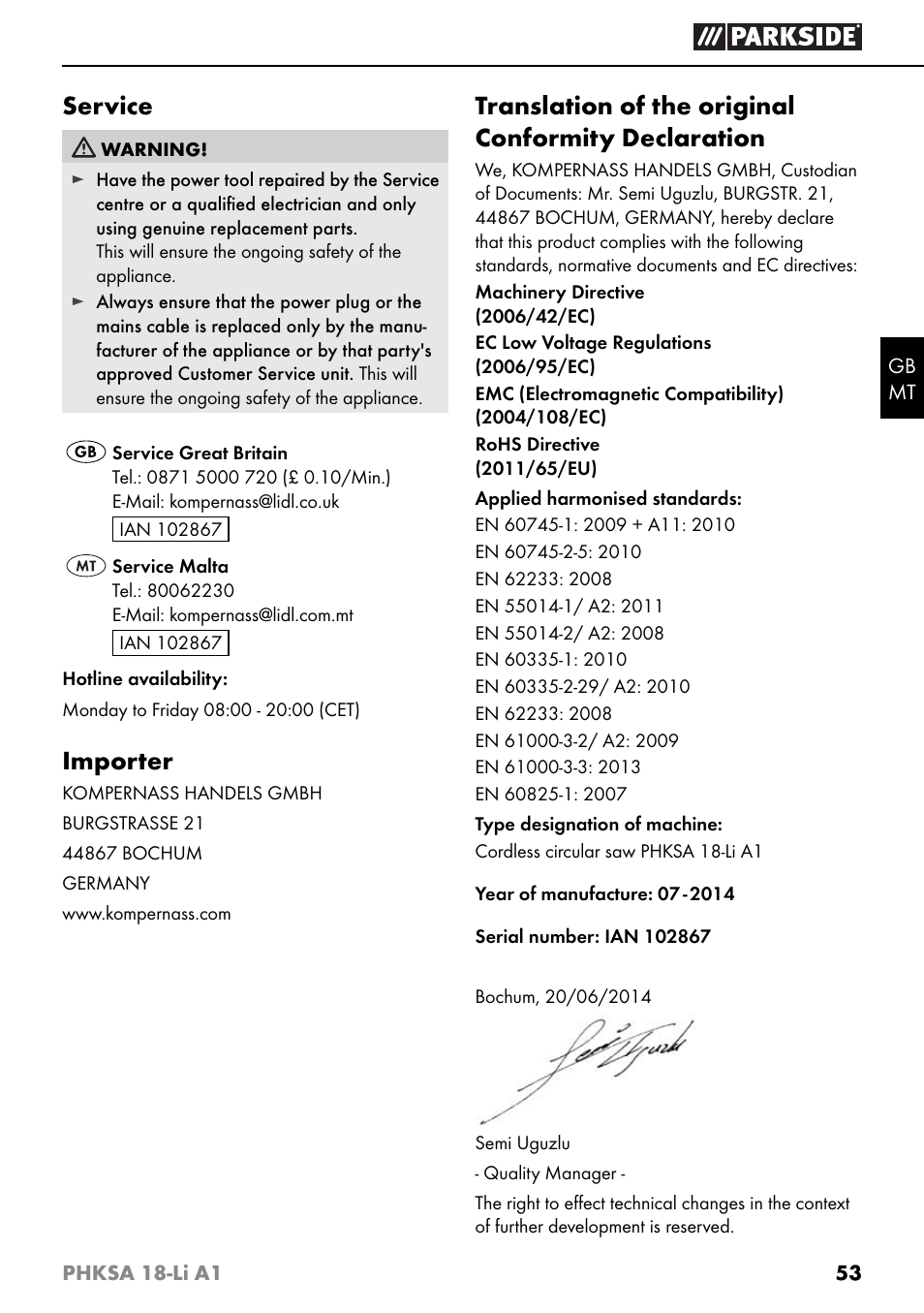 Service, Importer, Translation of the original conformity declaration | Parkside PHKSA 18-Li A1 User Manual | Page 56 / 72