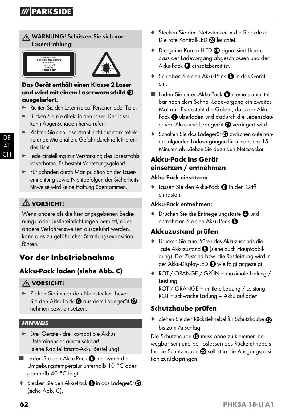 Vor der inbetriebnahme | Parkside PHKSA 18-Li A1 User Manual | Page 65 / 72