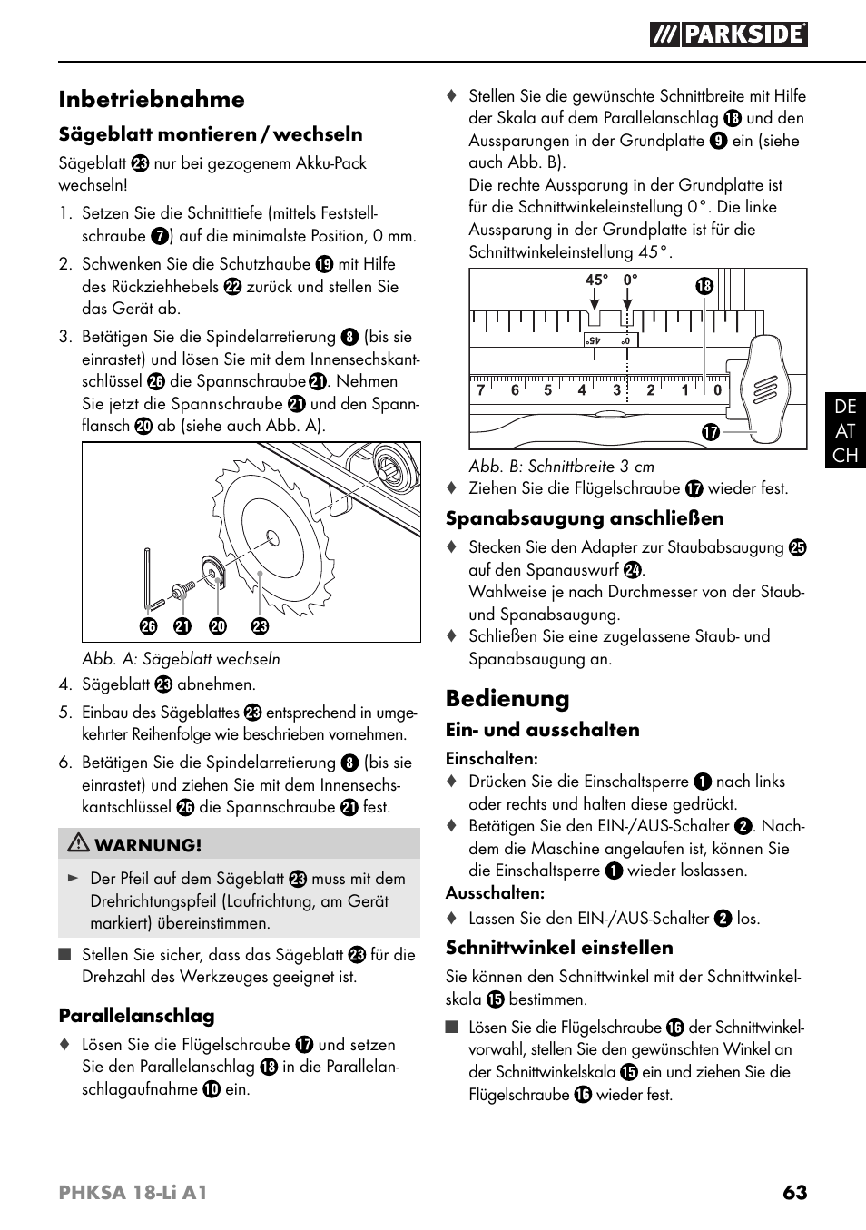 Inbetriebnahme, Bedienung | Parkside PHKSA 18-Li A1 User Manual | Page 66 / 72