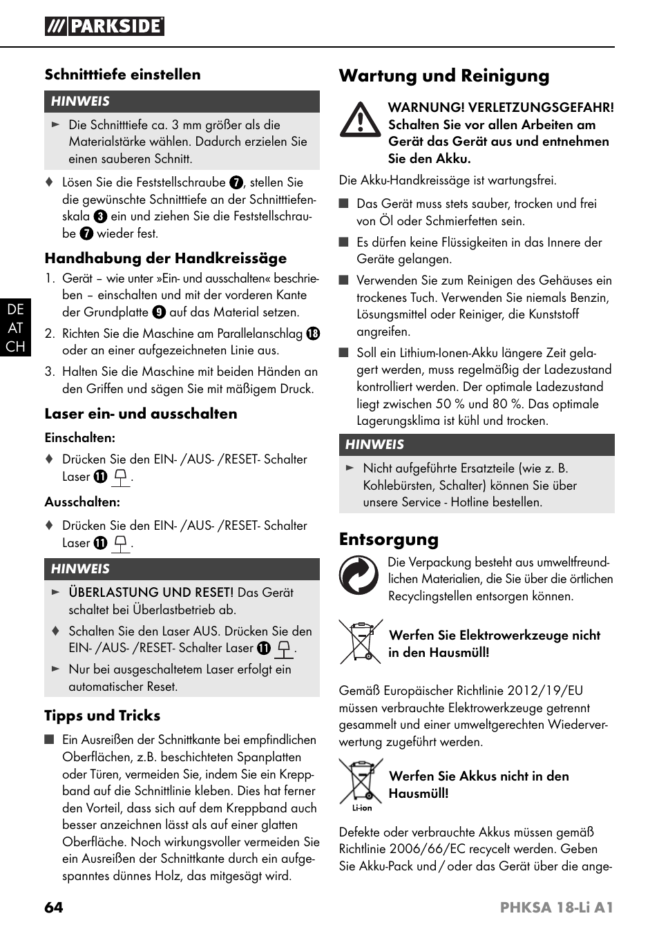 Wartung und reinigung, Entsorgung | Parkside PHKSA 18-Li A1 User Manual | Page 67 / 72