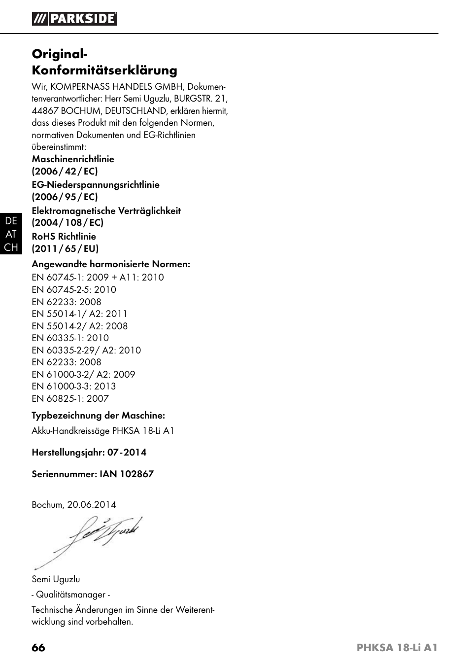 Original- konformitätserklärung | Parkside PHKSA 18-Li A1 User Manual | Page 69 / 72