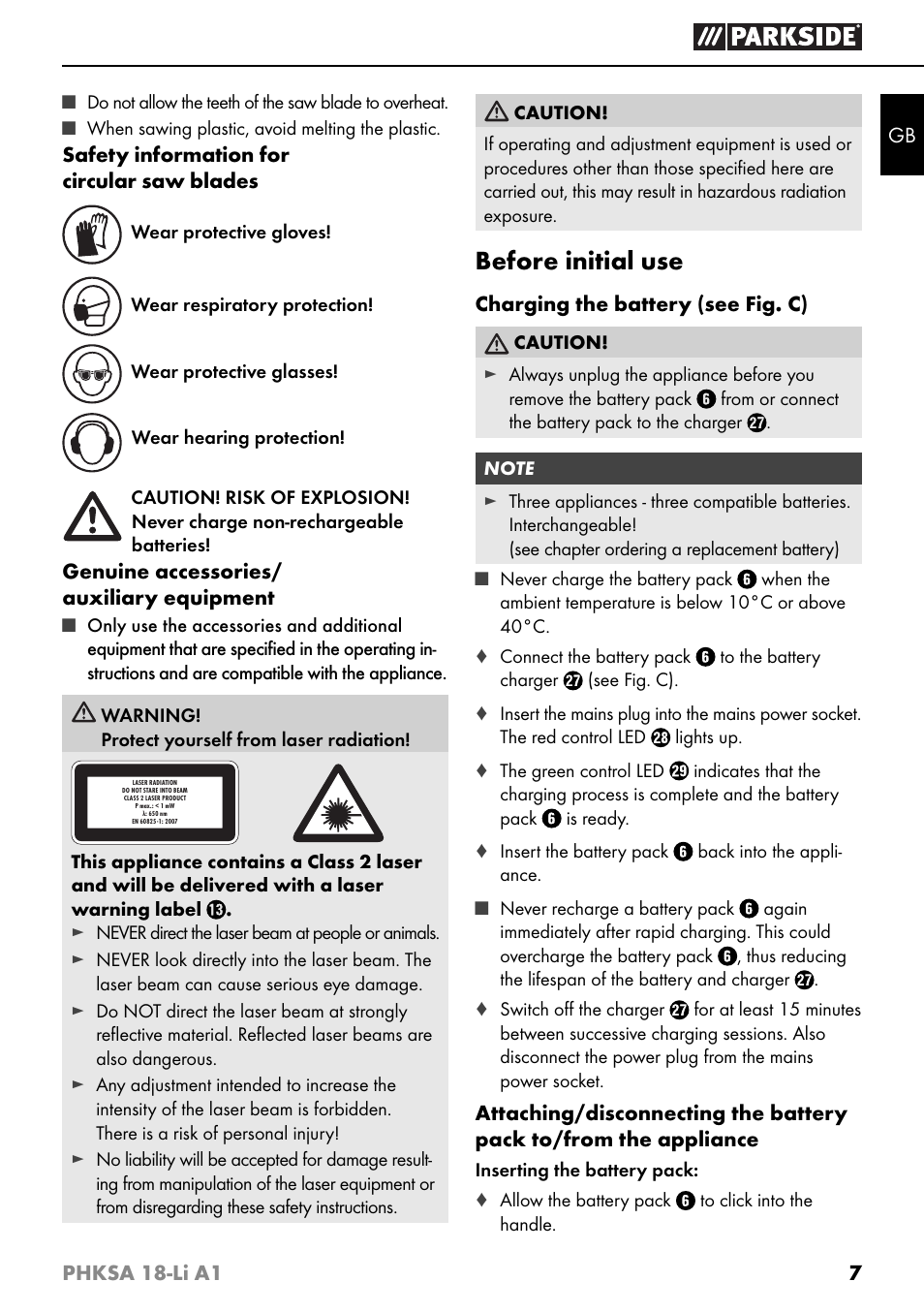 Before initial use | Parkside PHKSA 18-Li A1 User Manual | Page 10 / 94