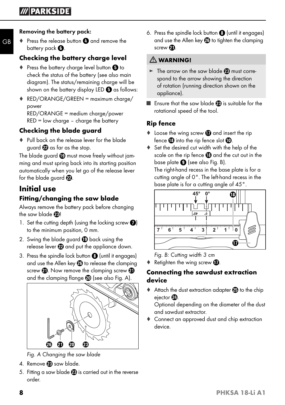 Initial use | Parkside PHKSA 18-Li A1 User Manual | Page 11 / 94