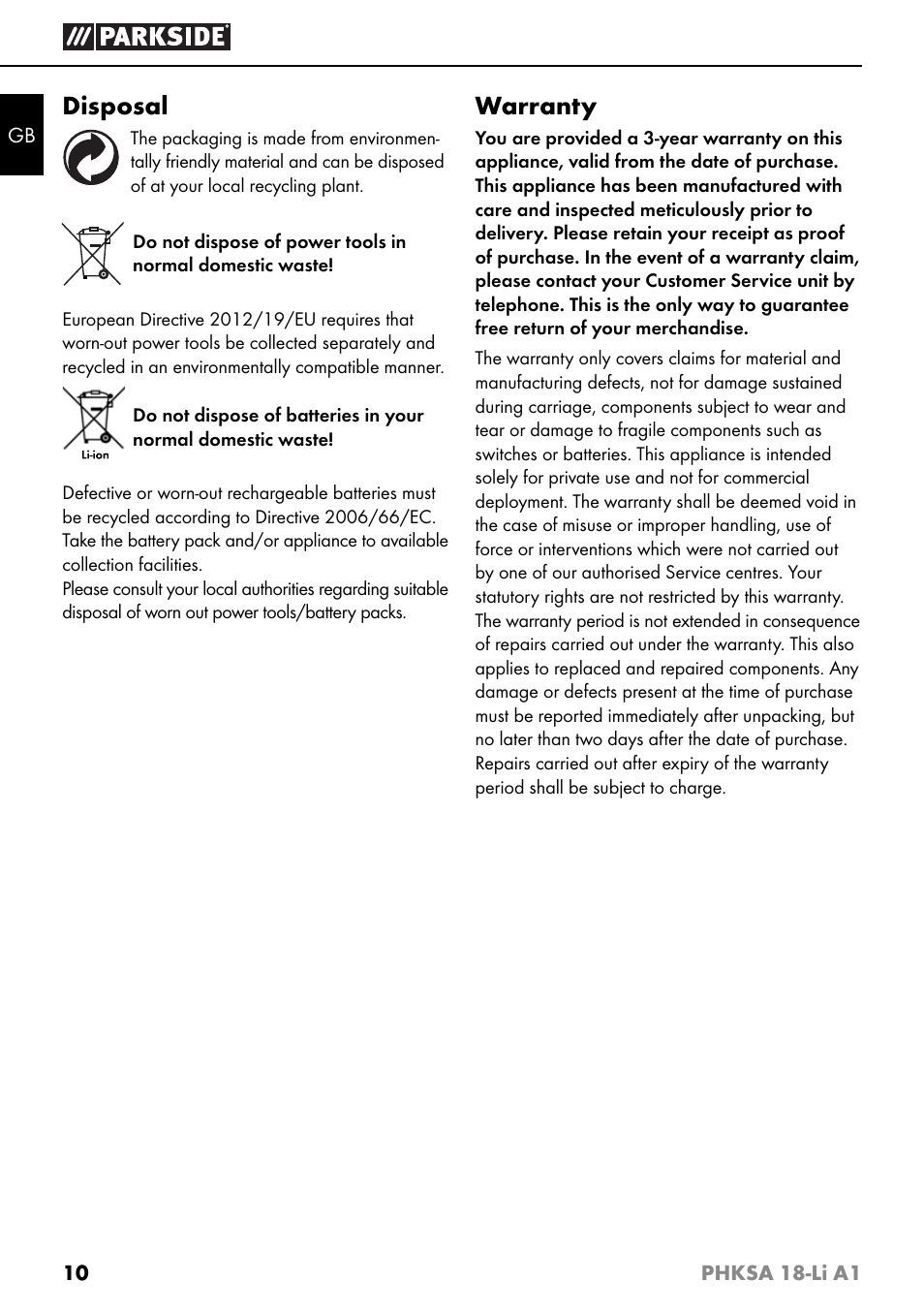 Disposal, Warranty | Parkside PHKSA 18-Li A1 User Manual | Page 13 / 94