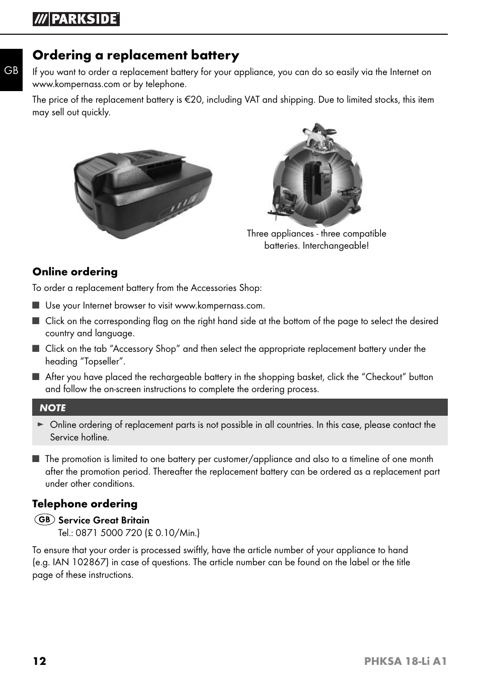 Ordering a replacement battery | Parkside PHKSA 18-Li A1 User Manual | Page 15 / 94