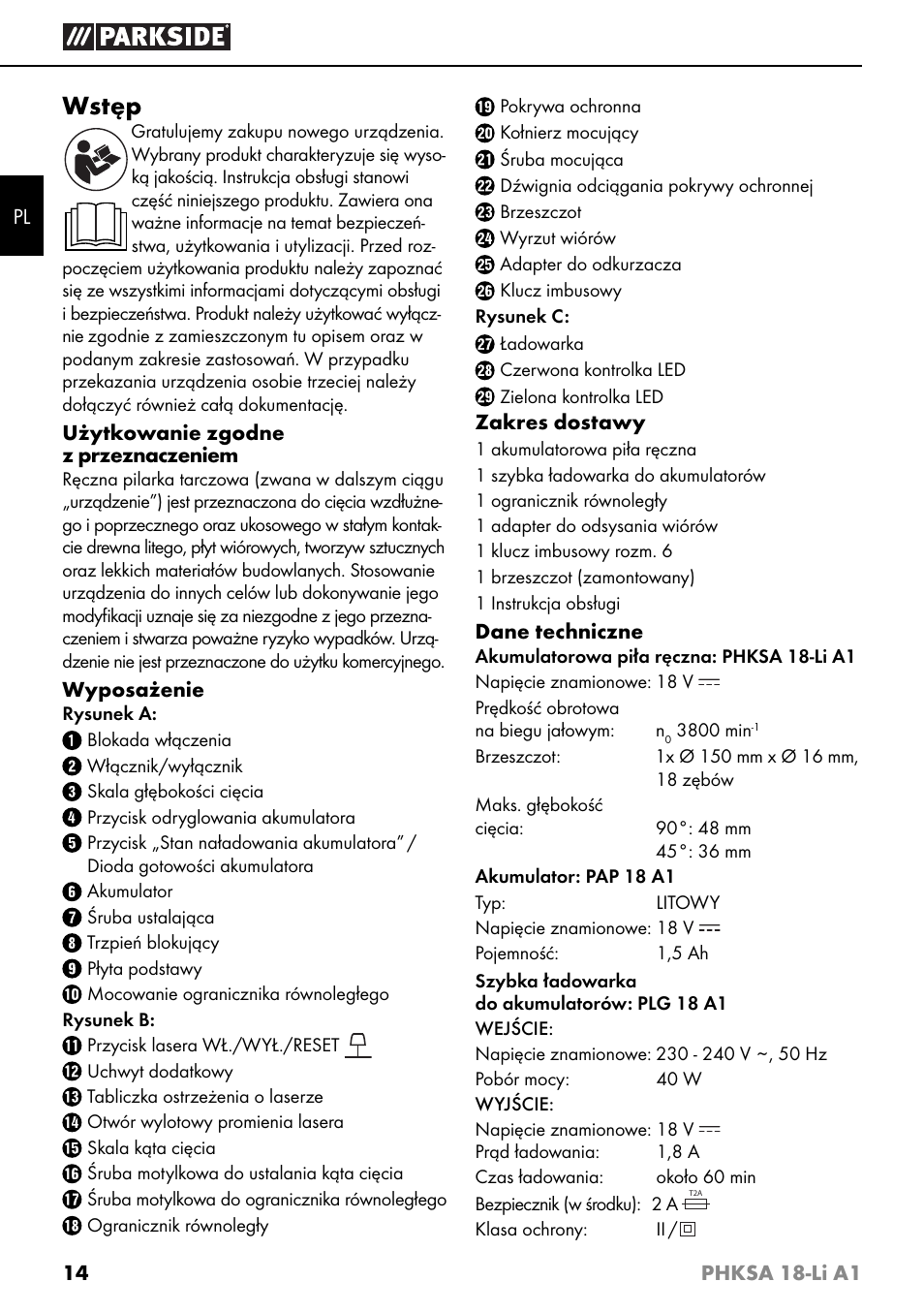 Wstęp | Parkside PHKSA 18-Li A1 User Manual | Page 17 / 94