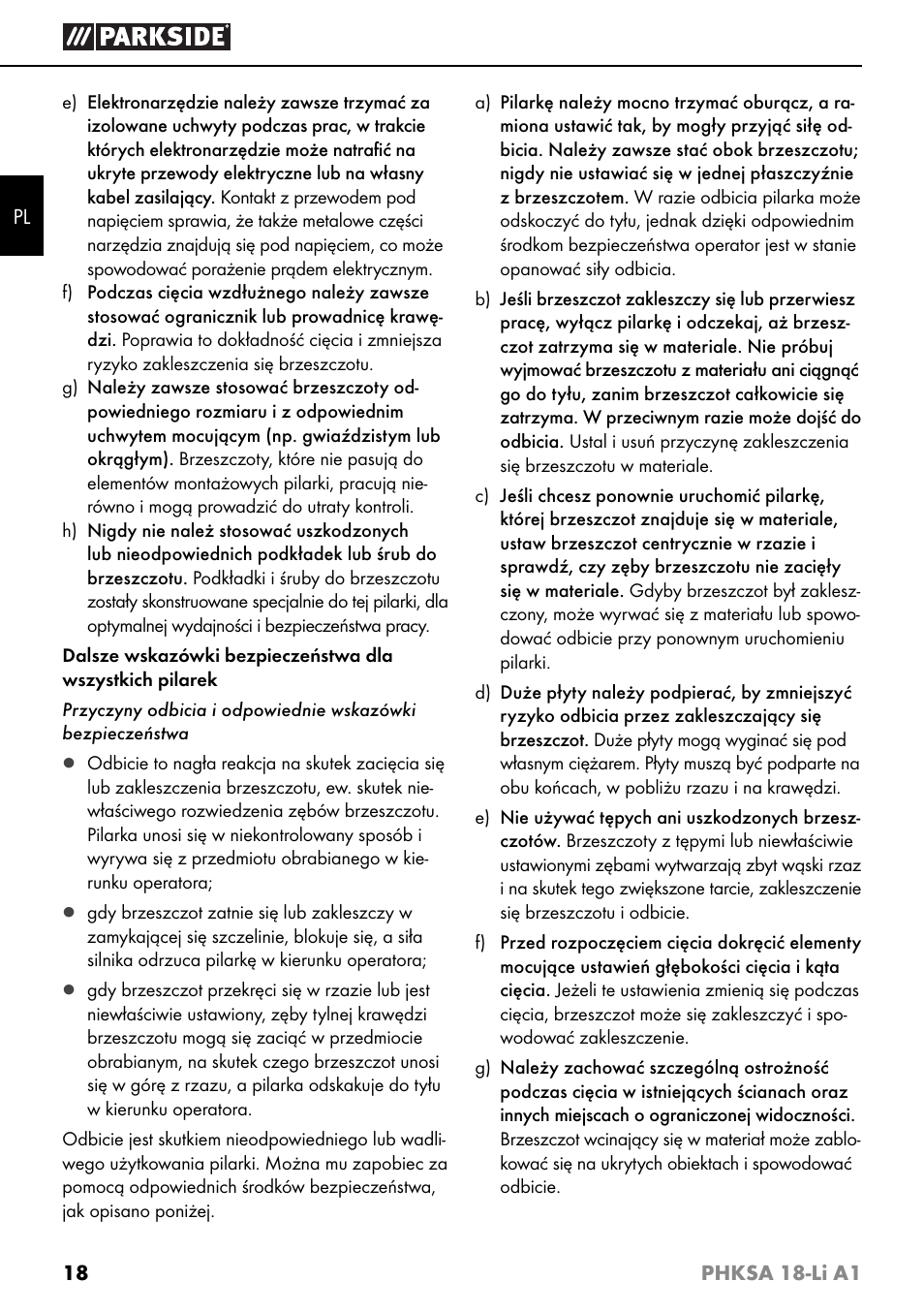 Parkside PHKSA 18-Li A1 User Manual | Page 21 / 94