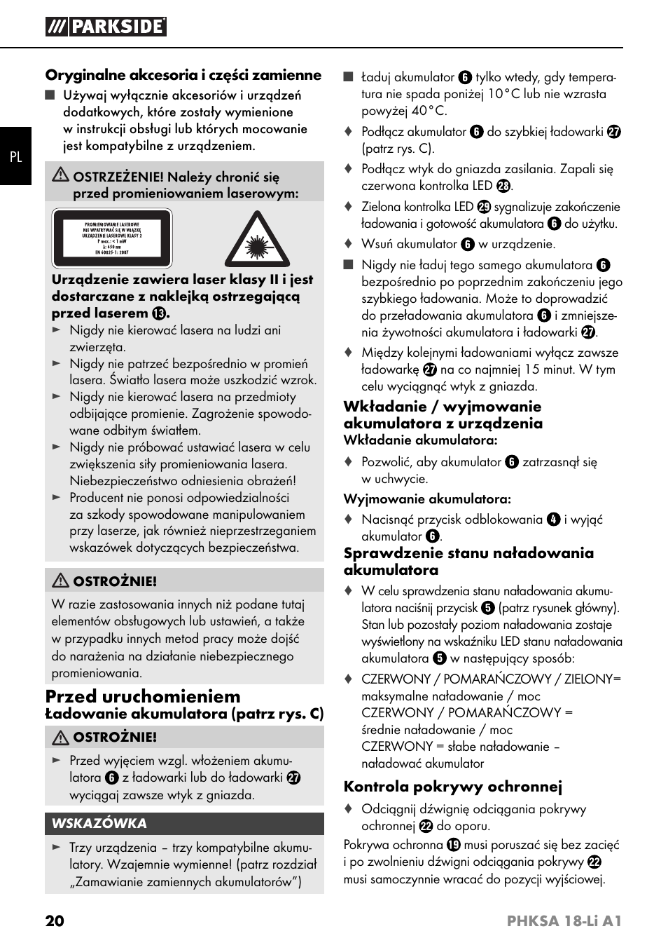 Przed uruchomieniem | Parkside PHKSA 18-Li A1 User Manual | Page 23 / 94