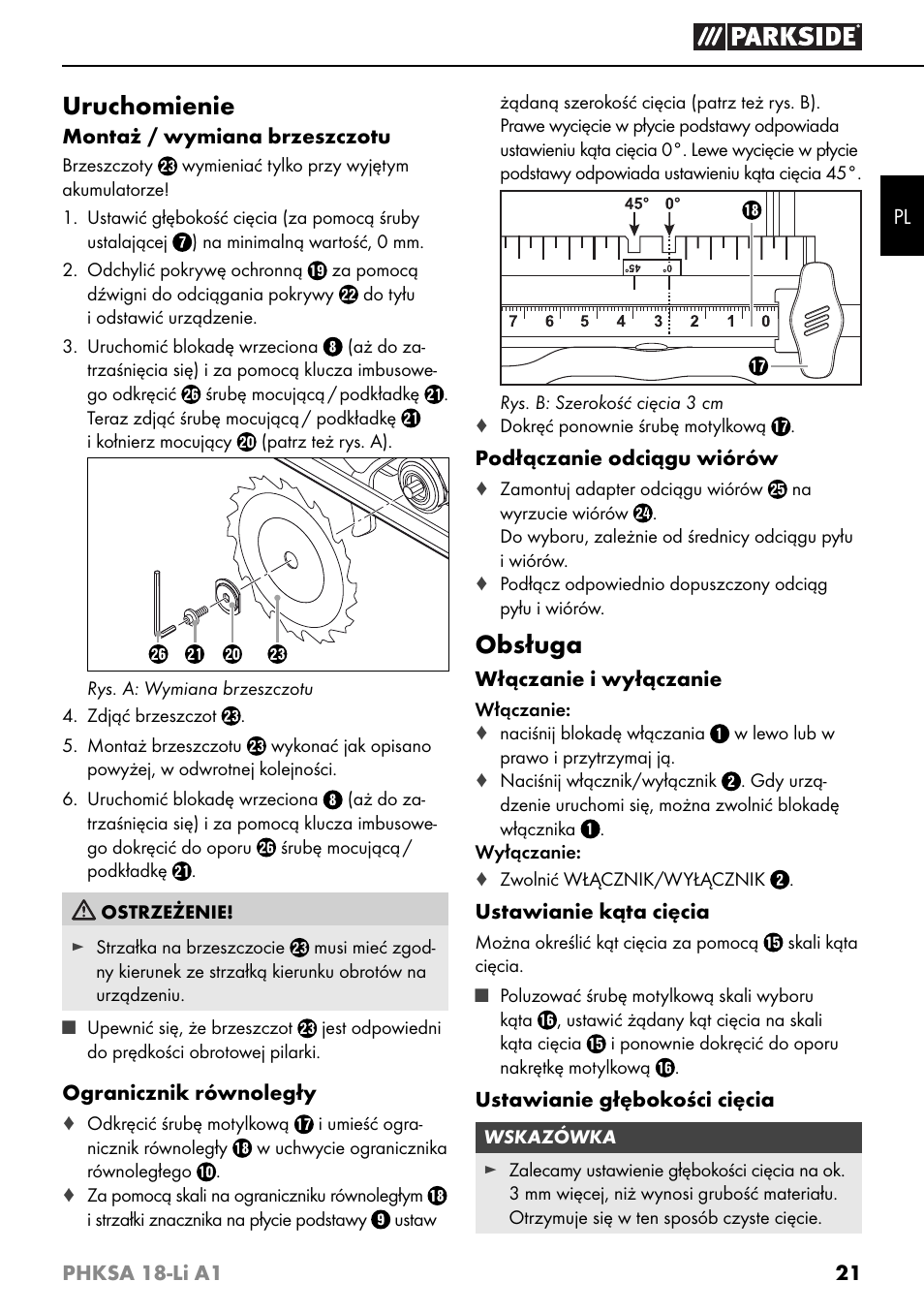 Uruchomienie, Obsługa | Parkside PHKSA 18-Li A1 User Manual | Page 24 / 94