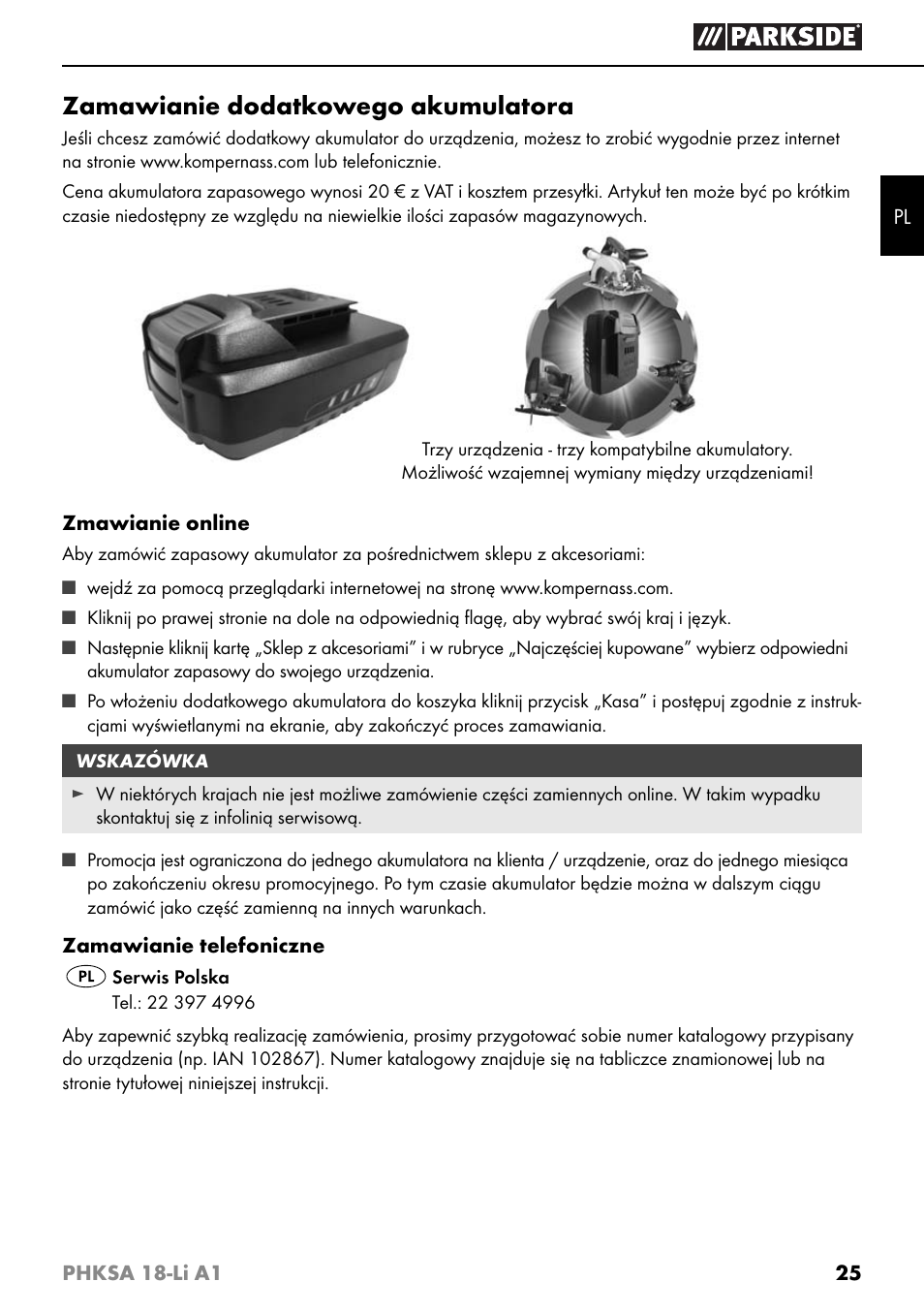 Zamawianie dodatkowego akumulatora | Parkside PHKSA 18-Li A1 User Manual | Page 28 / 94