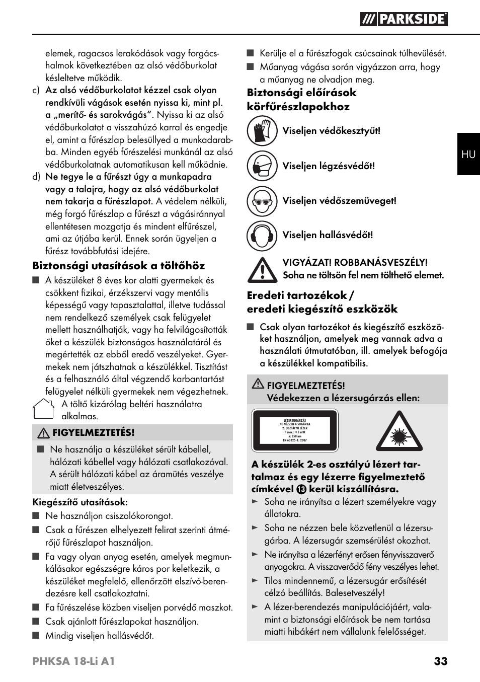 Parkside PHKSA 18-Li A1 User Manual | Page 36 / 94