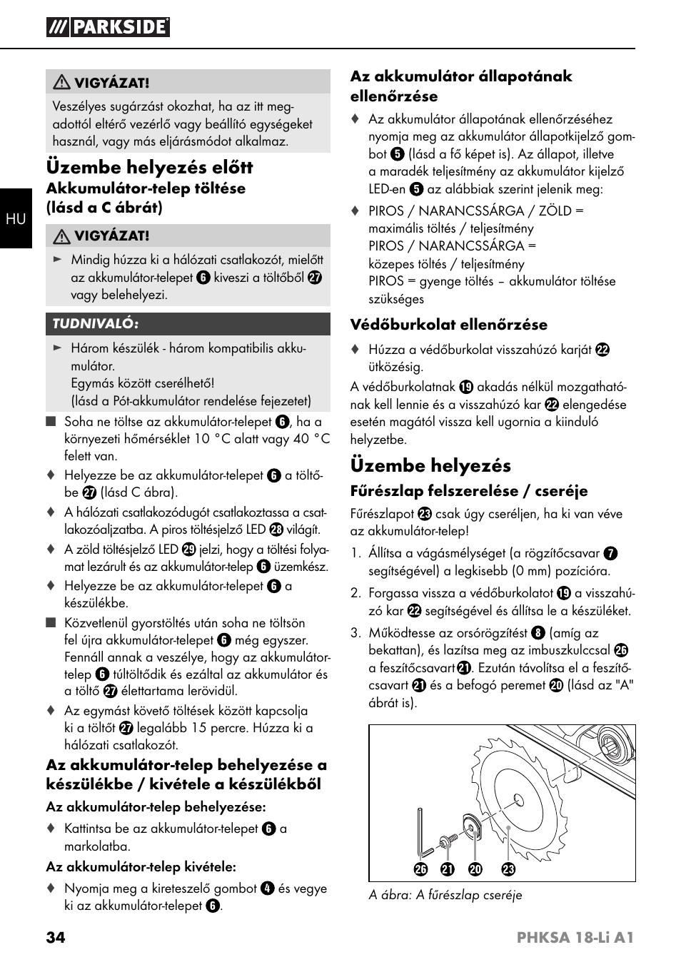 Üzembe helyezés előtt, Üzembe helyezés | Parkside PHKSA 18-Li A1 User Manual | Page 37 / 94