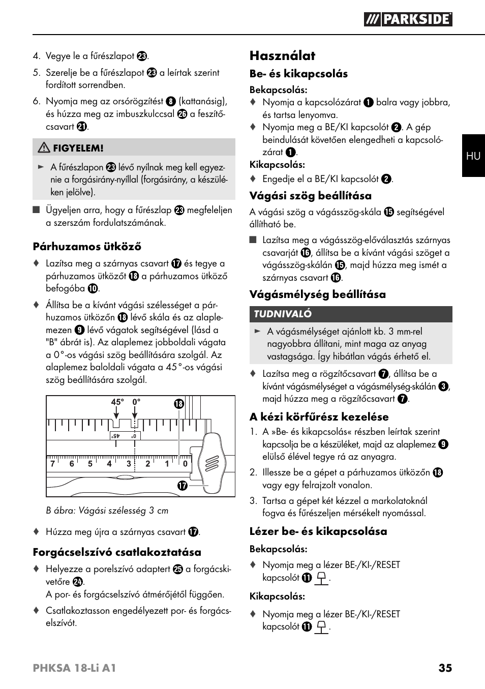 Használat | Parkside PHKSA 18-Li A1 User Manual | Page 38 / 94