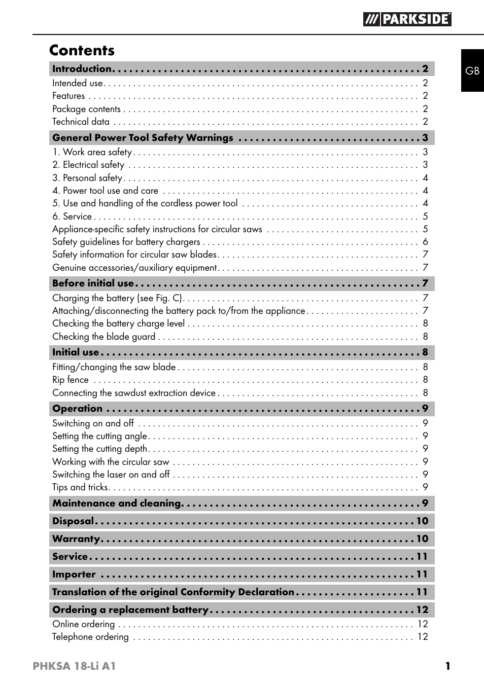 Parkside PHKSA 18-Li A1 User Manual | Page 4 / 94