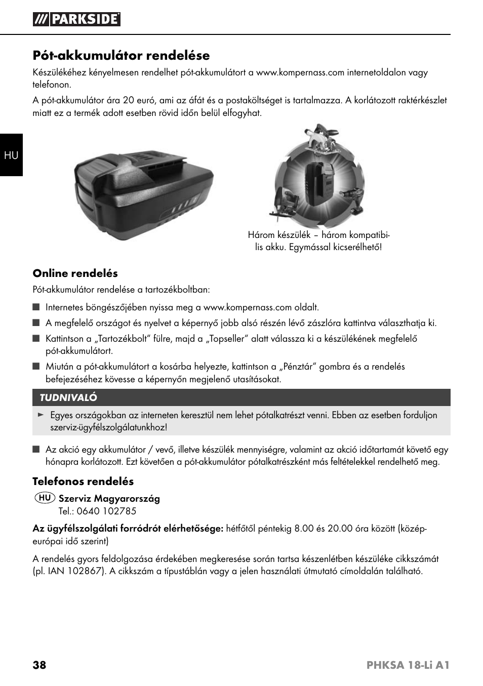 Pót-akkumulátor rendelése | Parkside PHKSA 18-Li A1 User Manual | Page 41 / 94