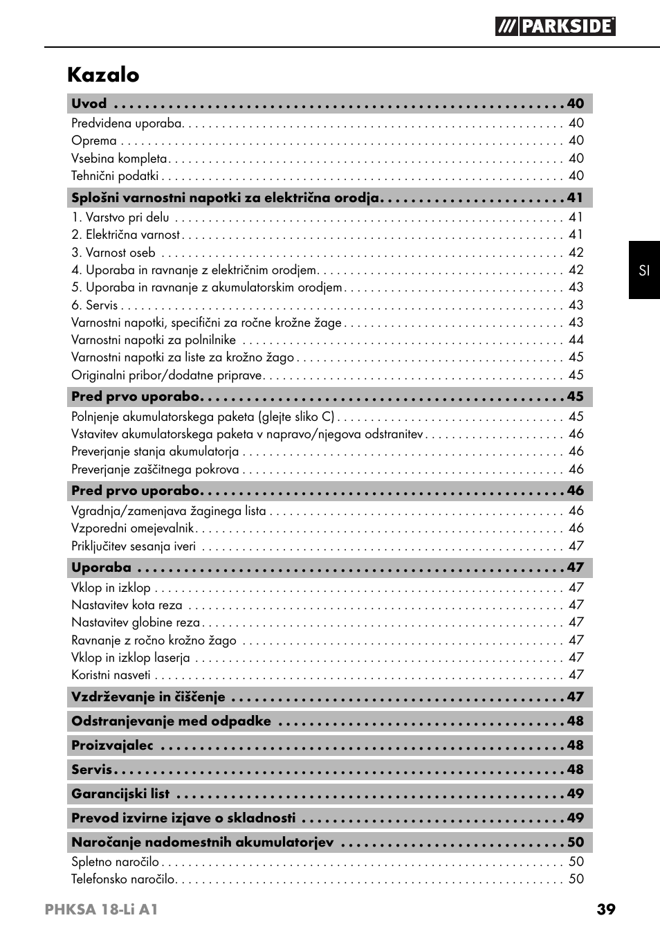 Kazalo | Parkside PHKSA 18-Li A1 User Manual | Page 42 / 94