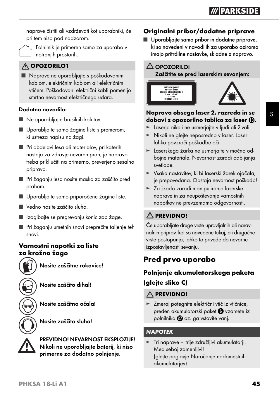 Pred prvo uporabo | Parkside PHKSA 18-Li A1 User Manual | Page 48 / 94