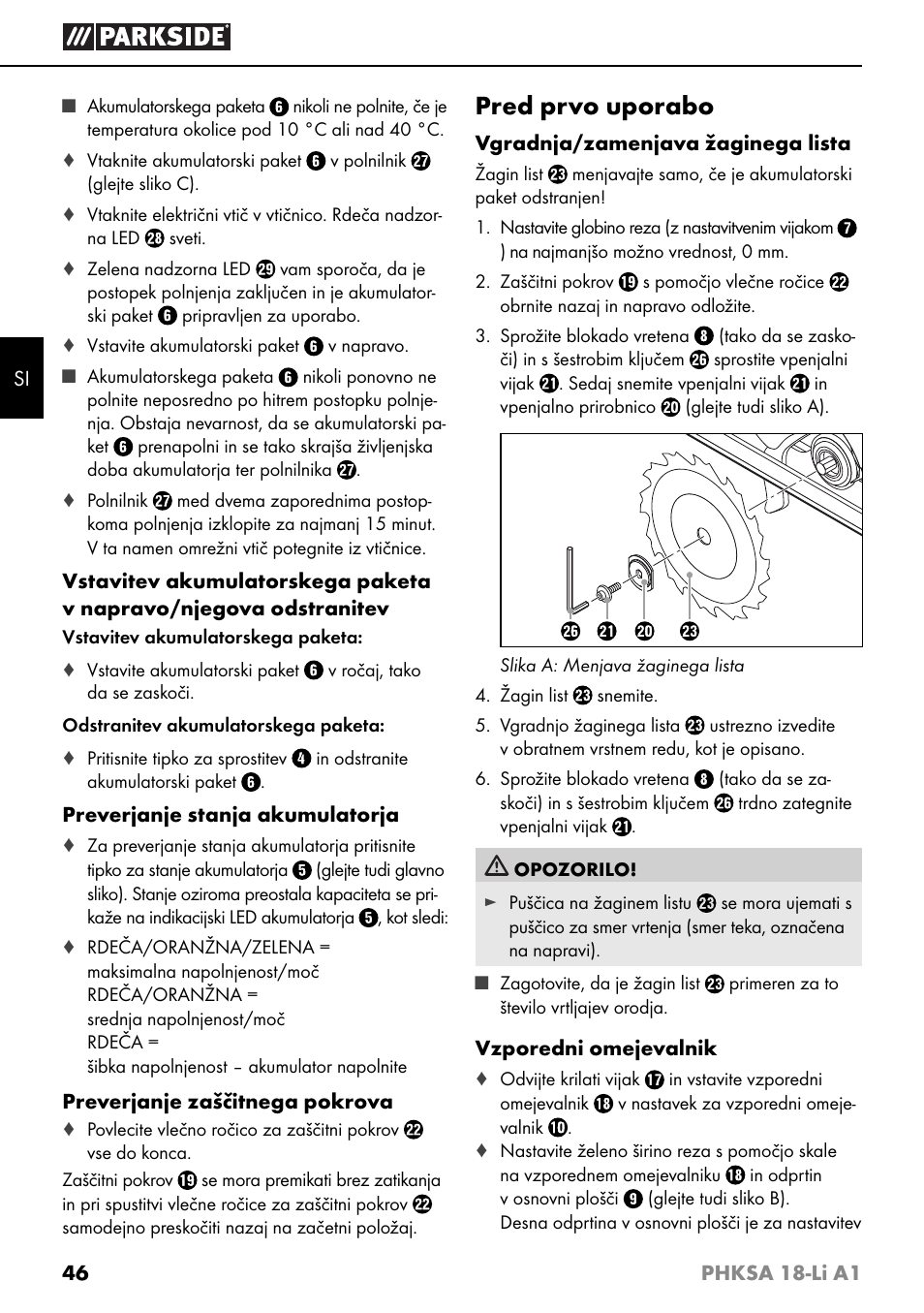 Pred prvo uporabo | Parkside PHKSA 18-Li A1 User Manual | Page 49 / 94