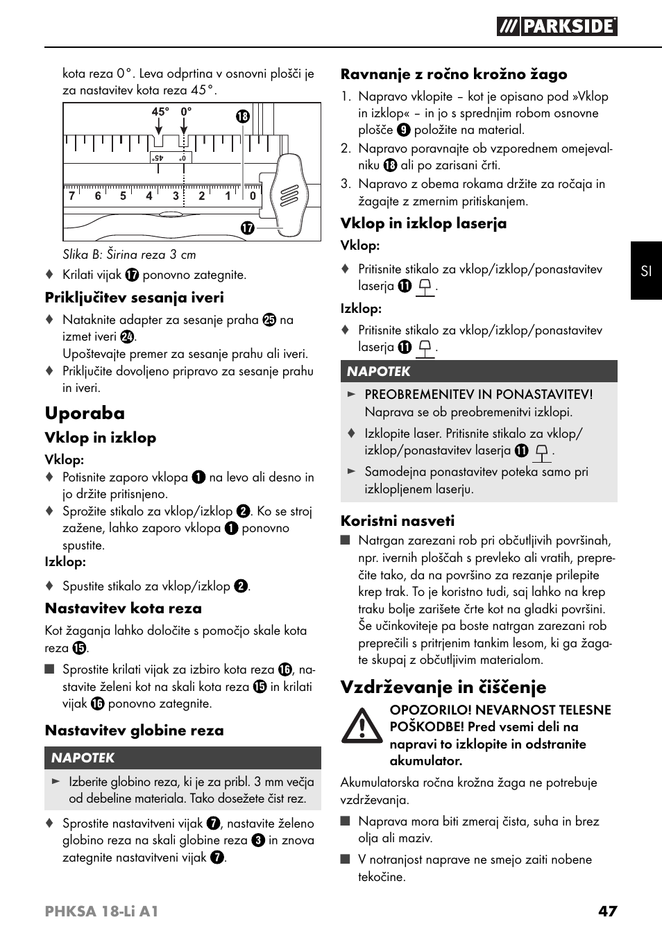 Uporaba, Vzdrževanje in čiščenje | Parkside PHKSA 18-Li A1 User Manual | Page 50 / 94