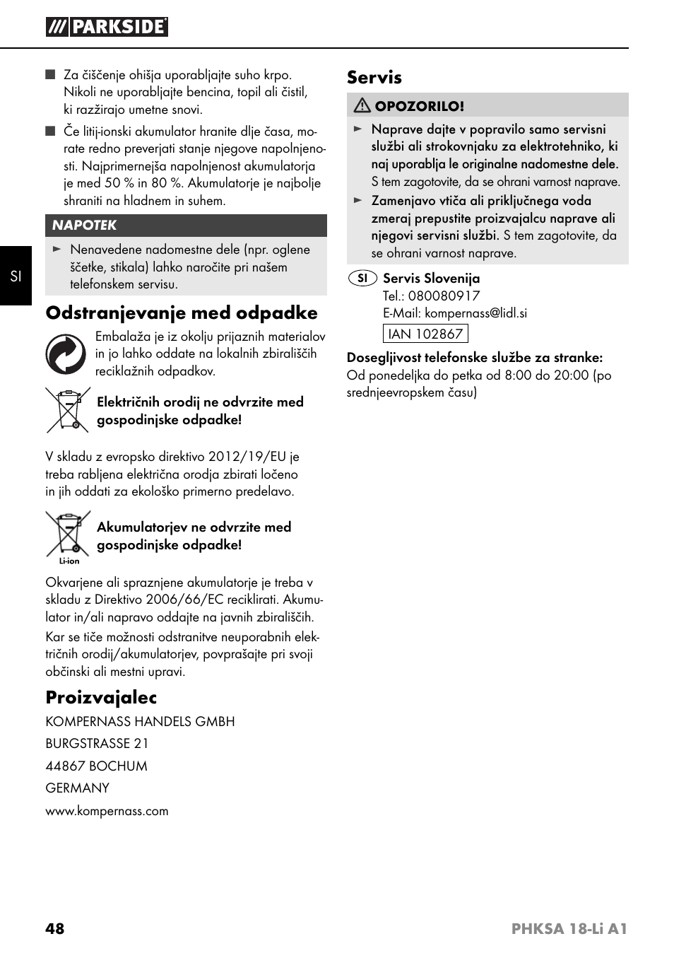 Odstranjevanje med odpadke, Proizvajalec, Servis | Parkside PHKSA 18-Li A1 User Manual | Page 51 / 94