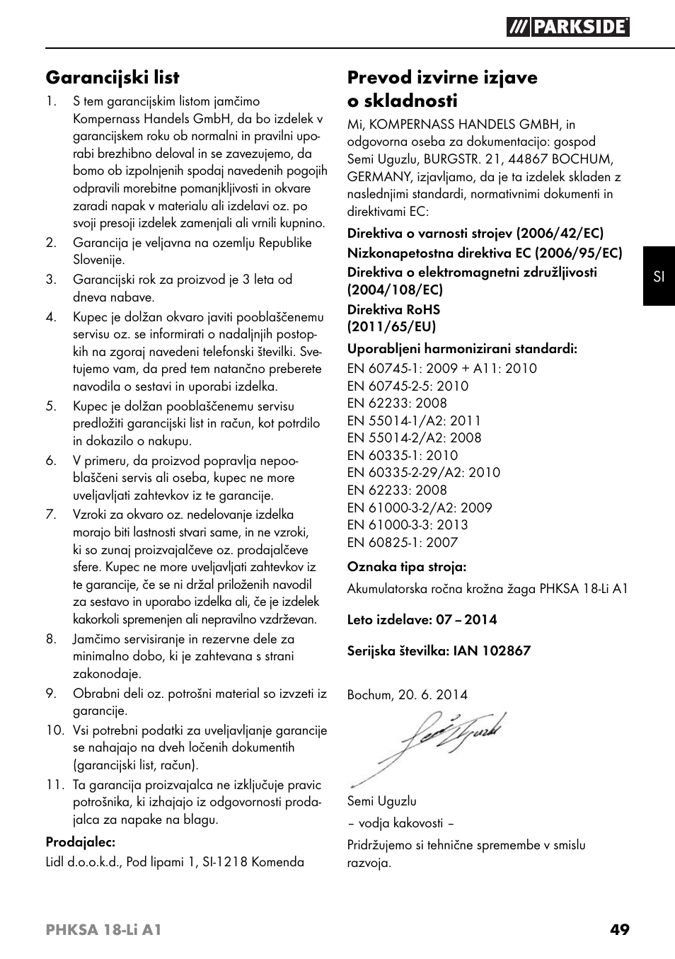 Garancijski list, Prevod izvirne izjave o skladnosti | Parkside PHKSA 18-Li A1 User Manual | Page 52 / 94