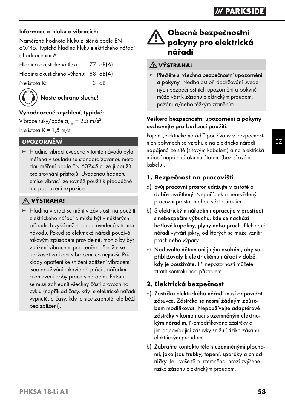 Obecné bezpečnostní pokyny pro elektrická nářadí | Parkside PHKSA 18-Li A1 User Manual | Page 56 / 94