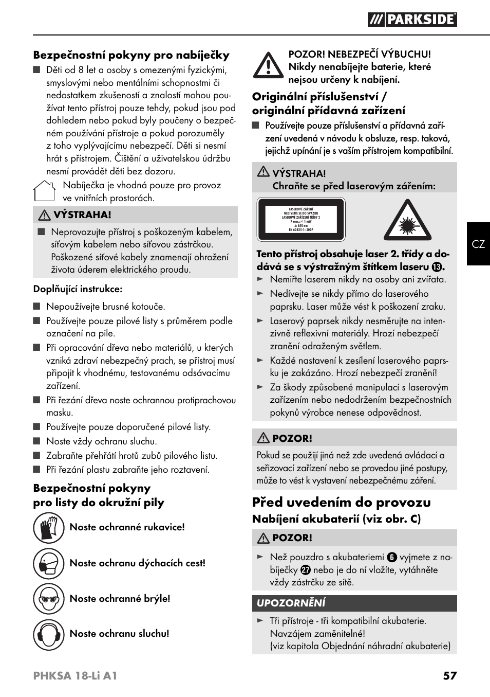 Před uvedením do provozu | Parkside PHKSA 18-Li A1 User Manual | Page 60 / 94