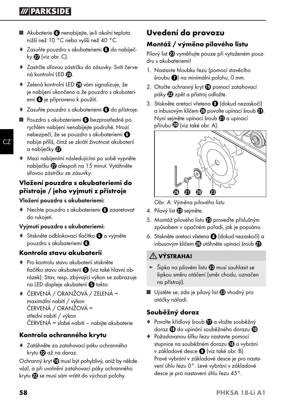 Uvedení do provozu | Parkside PHKSA 18-Li A1 User Manual | Page 61 / 94