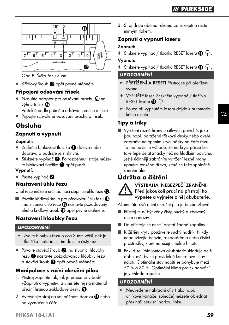 Obsluha, Údržba a čištění | Parkside PHKSA 18-Li A1 User Manual | Page 62 / 94