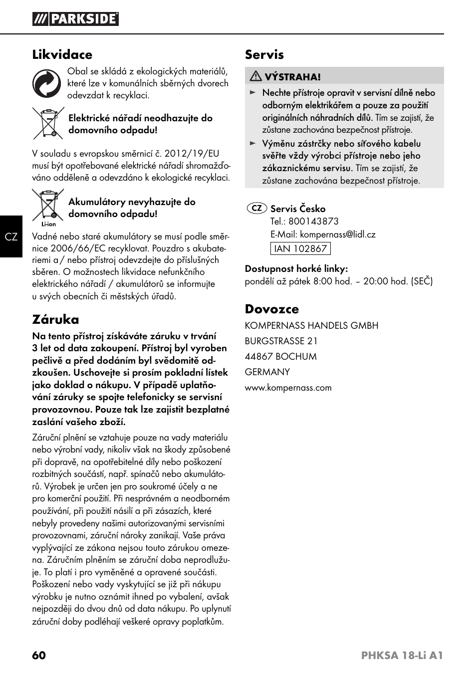 Likvidace, Záruka, Servis | Dovozce | Parkside PHKSA 18-Li A1 User Manual | Page 63 / 94